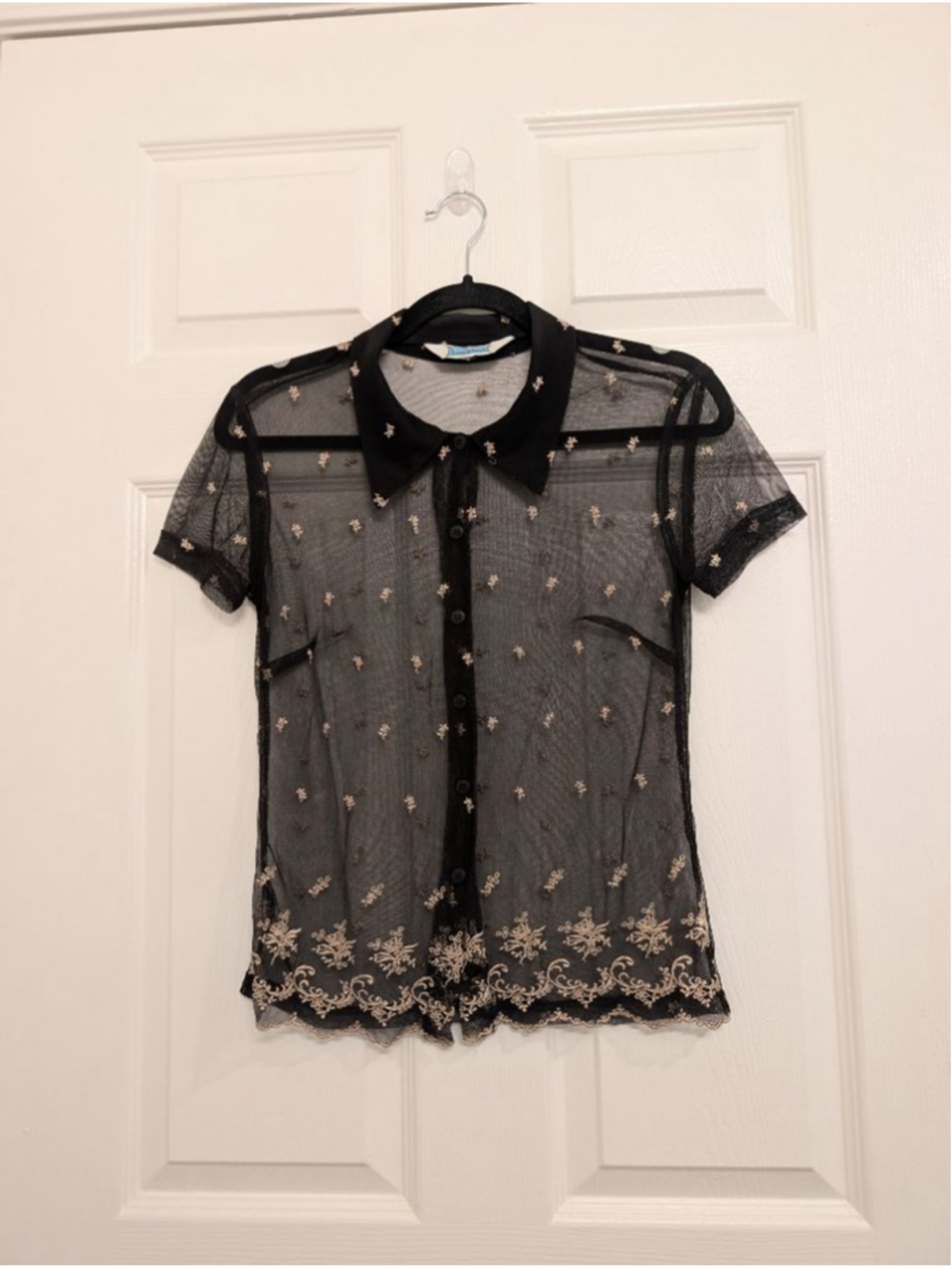 Y2K Black Sheer Mesh Floral Embroidered Button Down Top Whimsigoth Dark Coquette - Picture 2 of 7